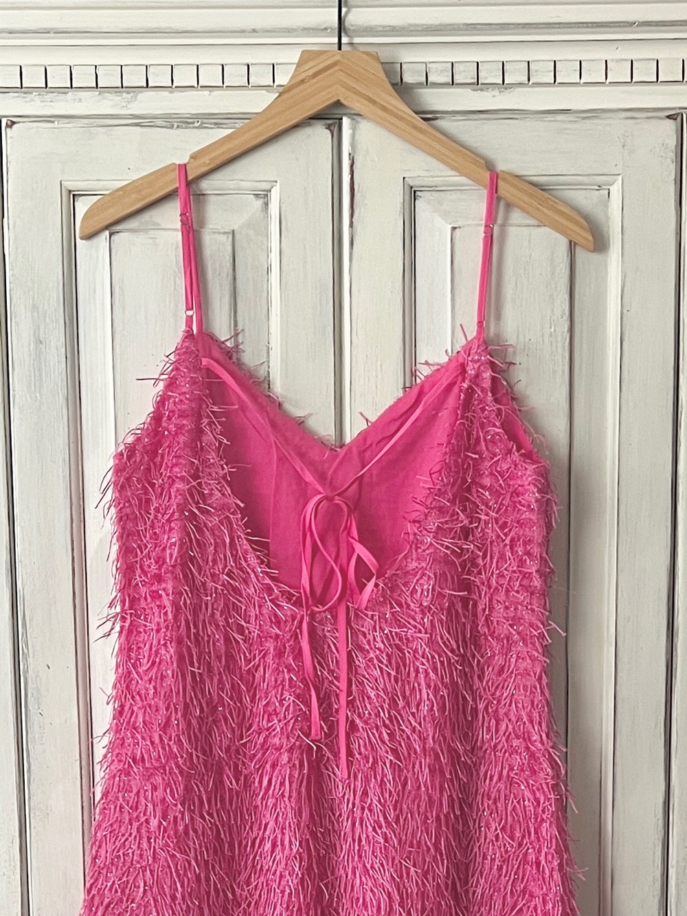 🟠NWT MAIN STRIP Feather-Textured Spaghetti Strap Mini Dress in Barbie Pink - Picture 5 of 7